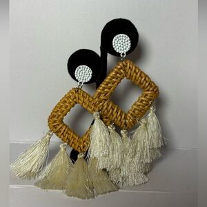 Woven Tassel Earrings in Tan and White